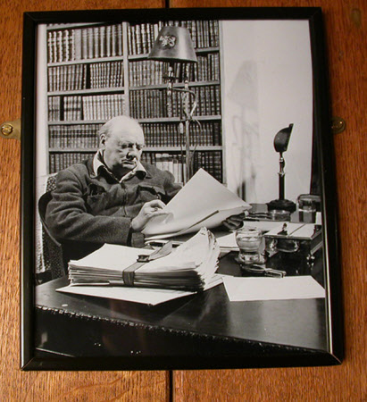 Sir Winston Churchill 1864 1975 At His Desk Wearing A Siren