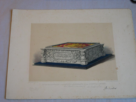 Silver casket containing the illuminated address presented to the First Earl Brownlow in 1852.