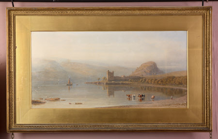 Lake Scene with Castle and Cows bathing (?Castle Urqhart, Loch Ness)
