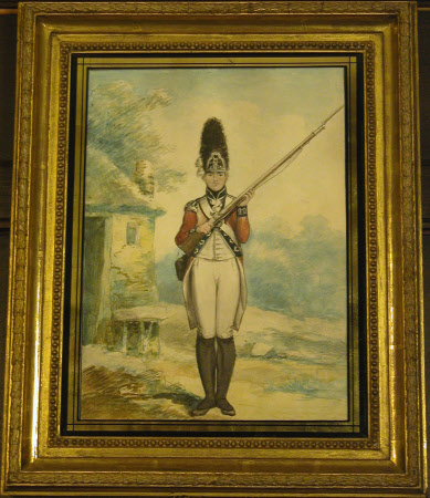 Grenadier Battalion, Royal Lancashire Militia: A Grenadier, rifle held at the port, a cottage ...