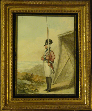 Royal Lancashire Militia: Soldier of battalion company presenting arms outside a bivouac.