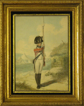 Grenadier Battalion, Royal Lancashire Militia: Soldier of battalion company presenting arms outside ...