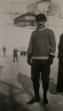 Rudyard Kipling (1865-1936) skating in Engleburg, Switzerland