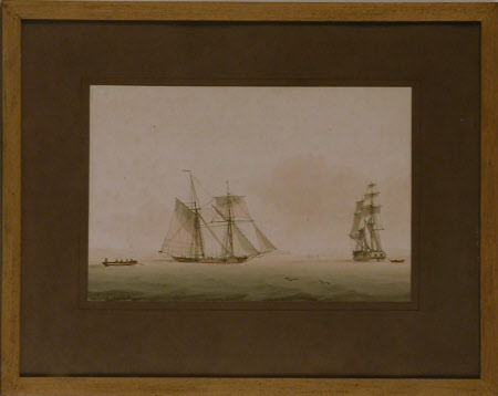 Two two masted vessels and a rowing boat (after William John Huggins)