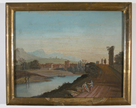 Italian Village with River and Figures in the foreground.
