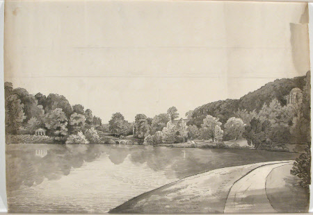 View across the lake towards Flora, Palladian Bridge, Bristol Cross and the Temple of Apollo, ...
