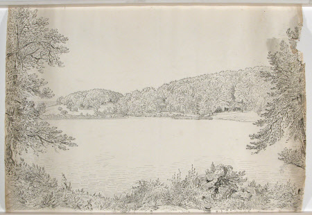 View across lake towards Pantheon and Gothic cottage, Stourhead Gardens, Wiltshire