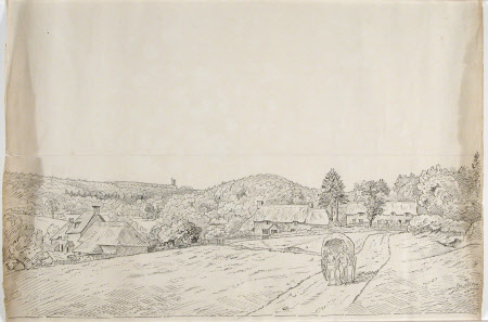 Landscape with cottages and tower and horse and cart in foreground