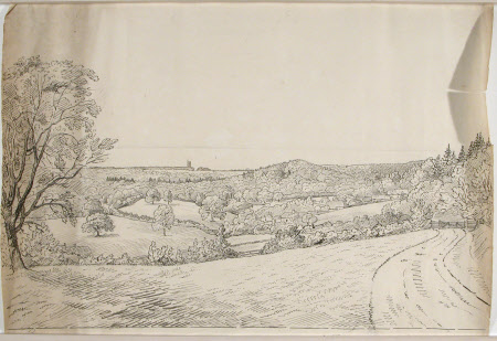 Landscape with cottages and tower. 