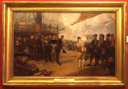 The Surrender of Don Pedro De Valdes to Sir Francis Drake (1540?-1596) on board The Revenge during ...