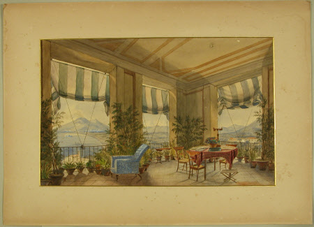Covered terrace with table and chairs and potted plants, Mount Vesuvius in the background