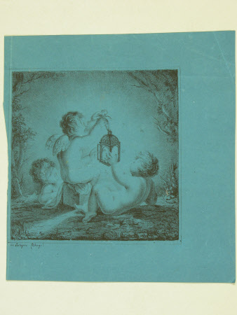 Three putti with one holding a lantern. 