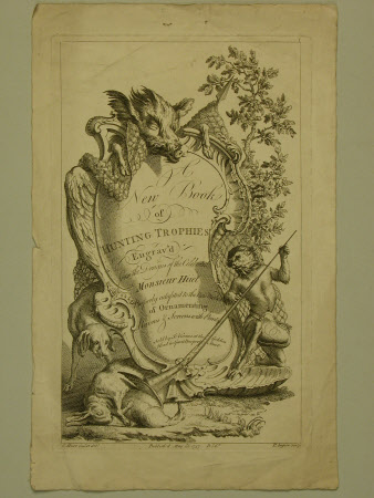Title page of book about engraved hunting trophies by Christophe Huet, 1757.