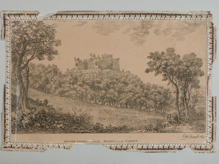 Belvoir Castle between the stables and the garden