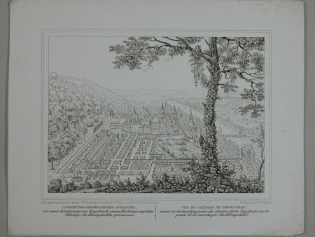 Vue du Chateau de Heidelberg, avant sa destruction du chemin dit le Zigelride sur la pente de la ...