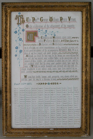 Framed illuminated address to The Honourable George William Henry Vernon