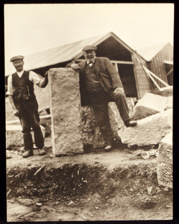 Workmen during construction - Samuel 'Sam' Clark and Bobo Macoll with typical granite block, Castle ...