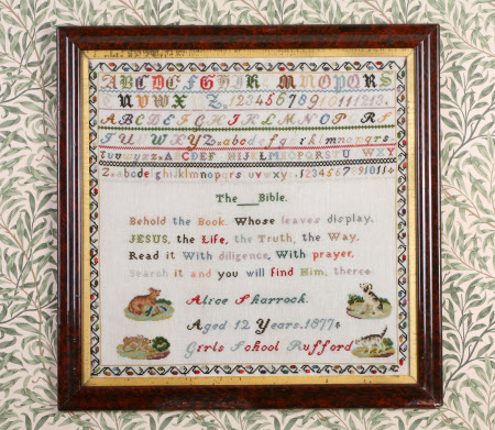 Sampler, Alphabet and Numbers, 'The Bible. Behold the Book whose leaves display, Jesus the Life the ...