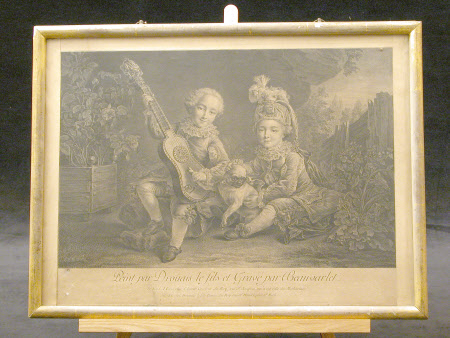 Two boys and a dog and a guitar in a garden setting (after François Hubert Drouais) 