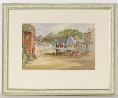 Dunster Yarn market and High Street with Dunster Castle, Somerset, beyond