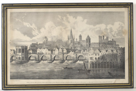 A View of the East Side of London Bridge, with the Chapel of Saint Thomas, in the Reign of King ...