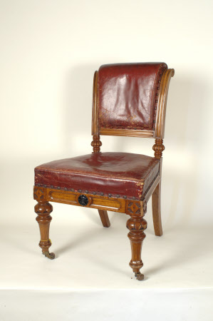 A set of four oak and leather upholstered chairs, English, circa 1870
By W Snowdon, Rochdale