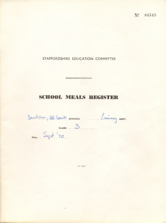STAFFORDSHIRE EDUCATION COMMITTEE/ SCHOOL MEALS REGISTER