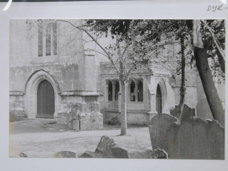 Porch of Parish church of St Peter, Dyrham, Gloucestershire from graveyard