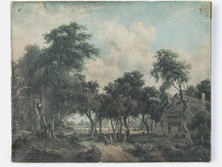 A wooded landscape with a huntsman and his dog on a track, a village beyond