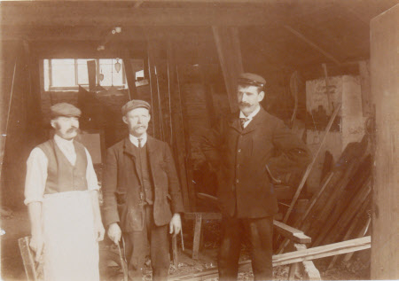 Frederick King, Frank Hardy (bailiff) and Frederick Moss: Carpenters shop, Dyrham Park, ...