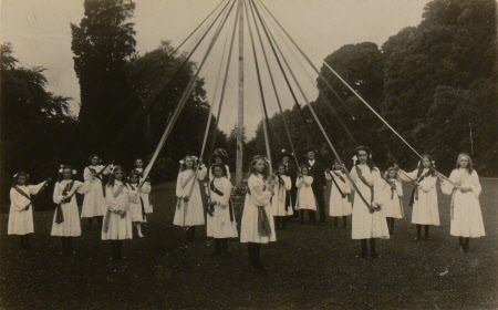 Village school children: maypole dancing, Dyrham School, Gloucestershire