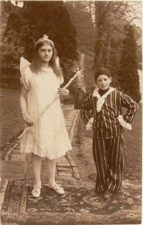 Two unknown Village school children dressed in costumes, Dyrham School, Gloucestershire