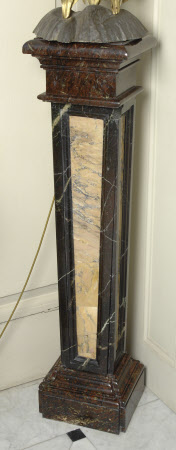 One of a Pair of Marble Plinths, the tapering panelled Pedestals of red, green and yellow Marble