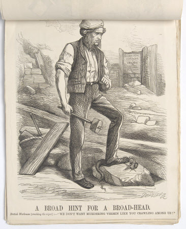 'A Broad Hint for a Broad Head. British workman (crushing the viper)  "We don't want murdering ...