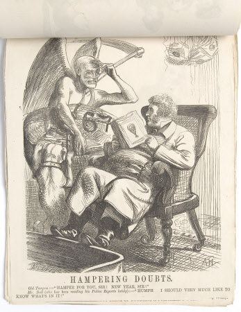 'Hampering Doubts. Old Tempus:- Hamper for you sir. New Year, Sir." Mr Bull (who has been reading ...