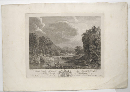 Ruined castle on a cliff edge shown overlooking a river with men setting nets 