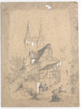 A timbered house with a church in the background 'BOP[....] Rhine' 