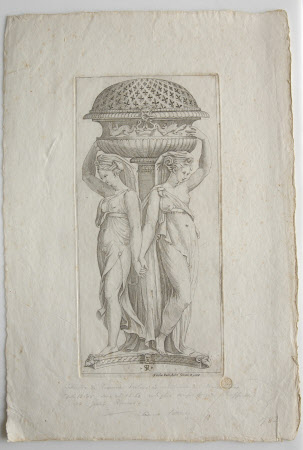 Two caryatids, leaning against a truncated column, supporting a censer decorated with flower and ...
