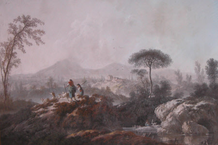 Shepherds in a mountainous landscape with stream