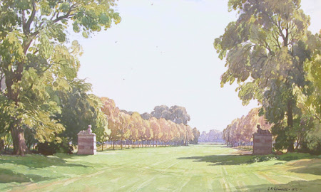 Looking West across the Back Drive down Coronation Avenue, Anglesey Abbey, Cambridgeshire: 1952