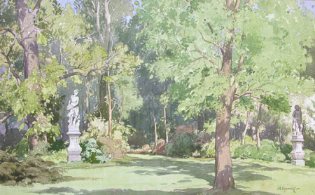 View of two Statues near the Temple Lawn, Anglesey Abbey, Cambridgeshire