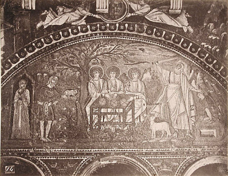 Mosaic: Abraham entertains three angels and is stopped from sacrificing his son Isaac, Church of ...
