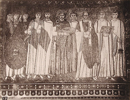 Mosaic: The Emperor Justinian I, Emperor of the East (c.482-565) and his Court, Church of San ...