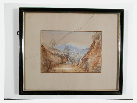 Mountainous landscape with figures on a road
