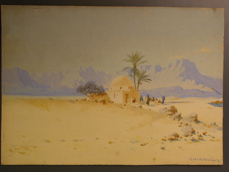 A Desert Scene with Mosque and Mountains