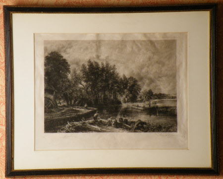 River scene with mill, boat and children fishing 