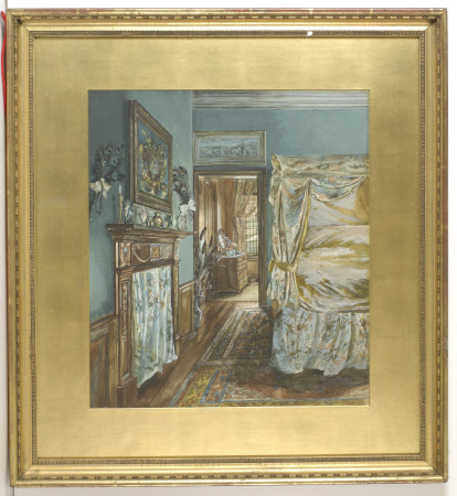 Interior of a blue bedroom decorated with chintz, a framed bedstead and view of a dressing room ...