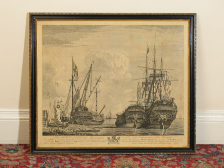 Stern end view of His Majesty's ships, Invincible, Ruby and Iris (late the Dimant), with three ...