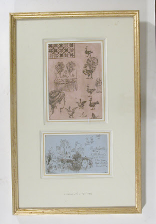 Two Sheets of  Sketches of Birds, Pattern Designs, Female Head and a Landscape with a Castle