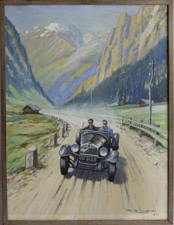 An Open Tourer Alpha Romeo UU9125 driving through a Swiss Mountainscape